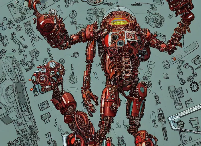 Prompt: cyborg in the data center, wired to the equipment and typing on the keyboard, red biomechanical details, wearing epic bionic cyborg implants, inflateble shapes, masterpiece, intricate, biopunk, highly detailed, artstation, concept art by frank miller geof darrow mike mignola, 8 k
