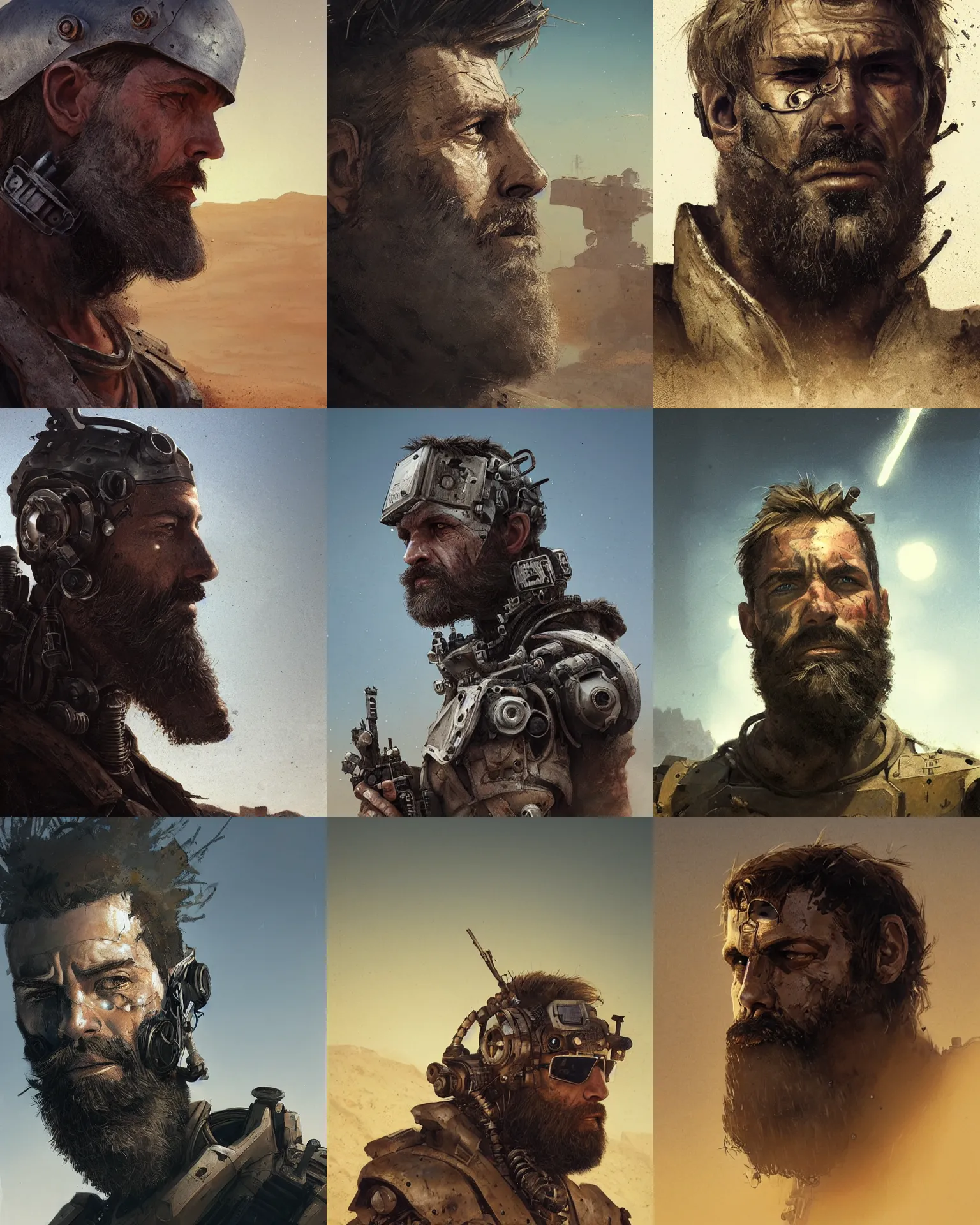 Prompt: a bearded rugged mercenary man with cybernetic enhancements lost in the desert, scifi character portrait by greg rutkowski, esuthio, craig mullins, 1 / 4 headshot, cinematic lighting, dystopian scifi gear, gloomy, profile picture, mechanical, half robot, implants, steampunk