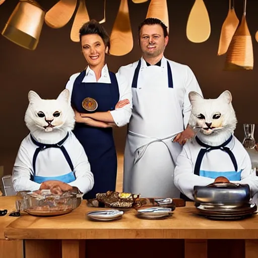 Image similar to anthropomorphic cats competing at masterchef, studio shot