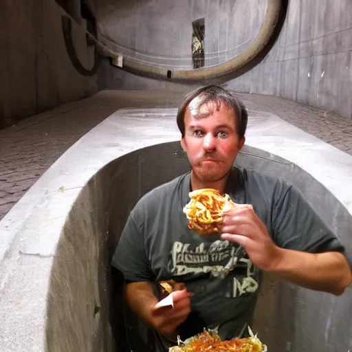 Image similar to The Impostor from Among Us eating Pasta in the sewers.