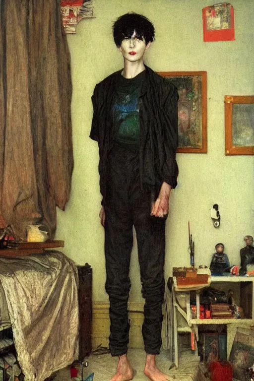 Image similar to a skinny goth guy standing in a cluttered 9 0 s bedroom, full body character concept art, vaporwave colors, jules bastien - lepage art,