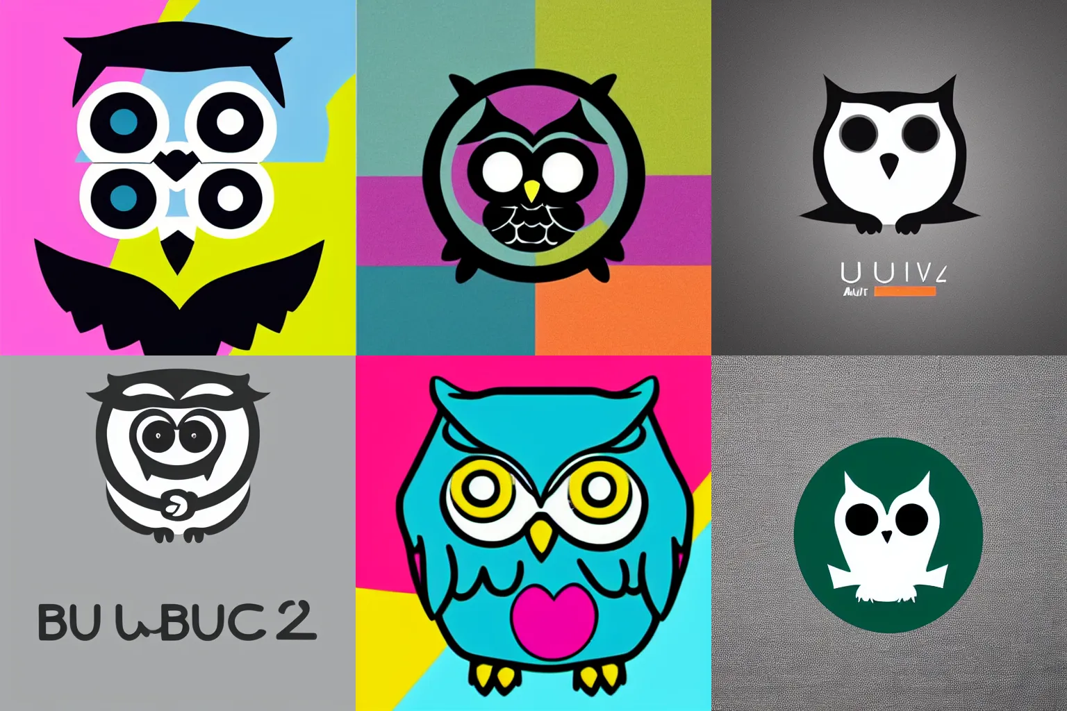 Prompt: A minimalist logo of a cute owl in the y2k style, bauhaus style, created by The Designers Republic, vibrant colors