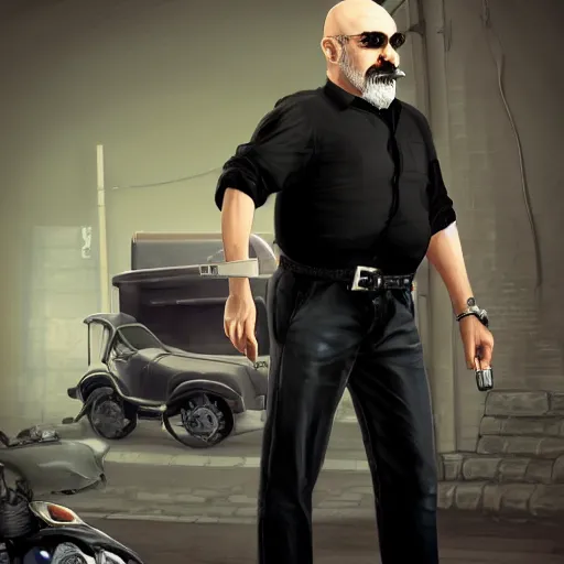 Prompt: a midage italian male, beardless, bald, short black hair with gel, overweight, fine white shirt, leather belt, black pants, leather shoes, smoking a cigar, full body, gta v style, concept art, highly detailed, hyper realistic, unreal engine