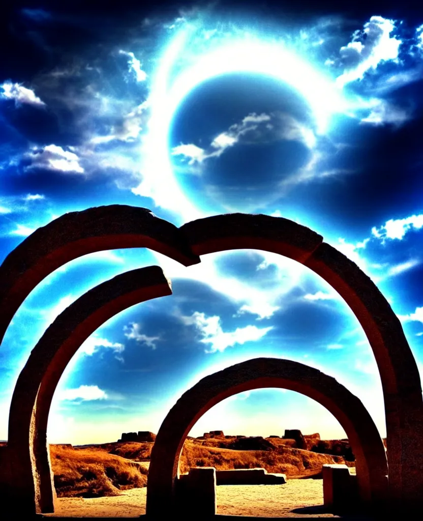 Image similar to stargate made of stone that form a circle, cinematic view, epic sky