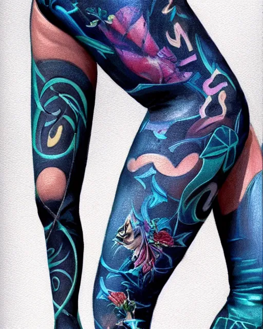 Prompt: Perfect leggings pattern imitating tattoos, focus on the pants, completely frontal and 100 percent symmetrical close-up on legs, highly detailed, digital painting, artstation, concept art, smooth, sharp focus, illustration, art by Artgerm and Hajime Sorayama