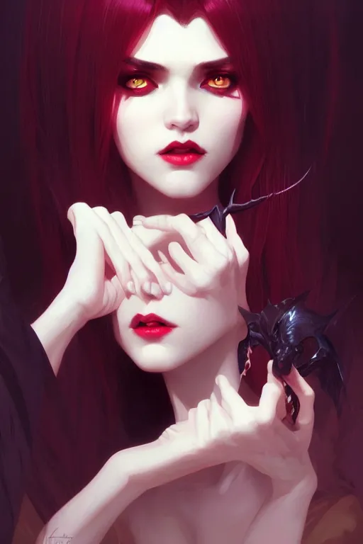 Image similar to a very beautiful vampire girl, fantasy, portrait, sharp focus, intricate, elegant, digital painting, artstation, matte, highly detailed, concept art, illustration, ambient lighting, art by ilya kuvshinov, artgerm, Alphonse mucha, and Greg Rutkowski