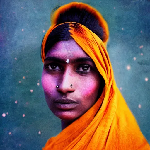 Image similar to realistic expired kodak film portrait of strange india woman cosmic mix, marigold celestial vibe, hyperrealism, hypermaxiymalism, photorealistic, detailed, atmospheric, 8 k, award winning photography, cinematic