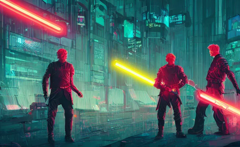 Image similar to jaime lannister and brienne of tarth fight a thousand neon zombies with lightsabers, cyberpunk art by james gilleard, cgsociety, retrofuturism, synthwave, retrowave, outrun