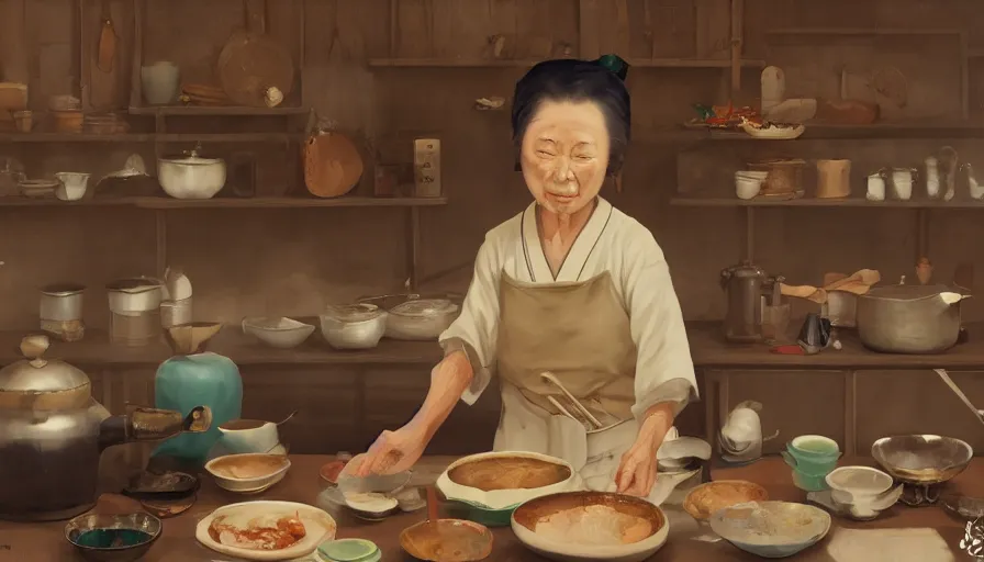 Image similar to old japanese lady cooking, old 1 8 0 0's kitchen, pan and plates, hyperdetailed, artstation, cgsociety, 8 k