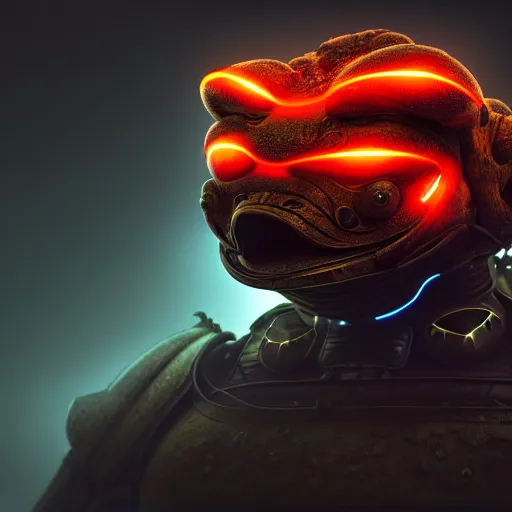 Image similar to wide shot, photo of a toad head, a huge humanoid toad-man with a katana, in a heavy futuristic armour without a helmet, hyper realistic, hyper detailed, coherent photo, trending on artstation, cyberpunk, Japanese style, volumetric lightning, neon, electric colours, Cinematic, Dramatic, Film Grain, Kodak Portra, Depth of Field, 15 mm octane render, 4k, raytracing, blender