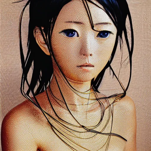 Image similar to An anime female goddess stands for a waist up portrait with her body sightly wrapped in thin gold wire creatively arranged so as to look like Emoji tattoos, in an empty Japanese Shoji home, hyper photo realistic 8K HD HDRI, photo by Annie Leibovitz.