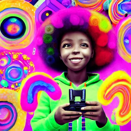 Image similar to a black girl with a colorful afro and big colorful eyes play videogames in a vast and endless 9 0's arcade, bright colours, bokeh!!, watercolor, volumetric wool felting, macro photography, children illustration, by goro fujita