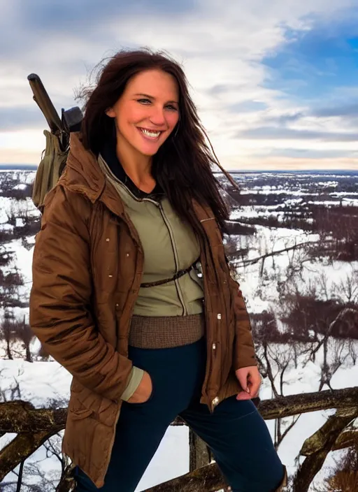 Image similar to a beautiful lara croft from minnesota, brunette, joyfully smiling at the camera opening her brown eyes. thinner face, irish genes, dark chocolate hair colour, wearing university of minneapolis coat, perfect nose, morning hour, plane light, portrait, minneapolis as background. healthy, athletic