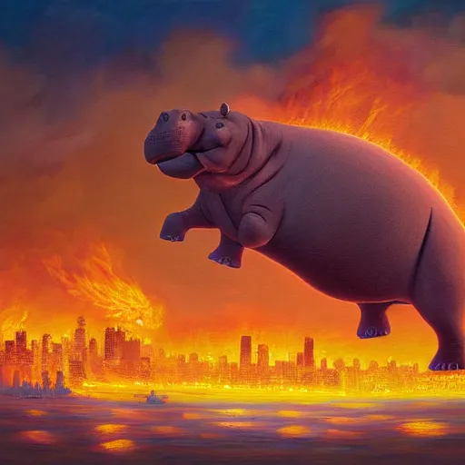 Image similar to Giant hippo over a city in flames, highly detailed painting, 4k, soft light