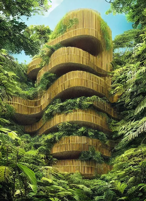 Image similar to “beautiful Amazon forest architecture building , the building is in a forest , luxury architecture, architecture digest, building surrounded in a luxury environment, bright tones, fluorescent lighting,volumetric Lighting, photorealism, high detail, golden ratio, cinematic, octane renderer”