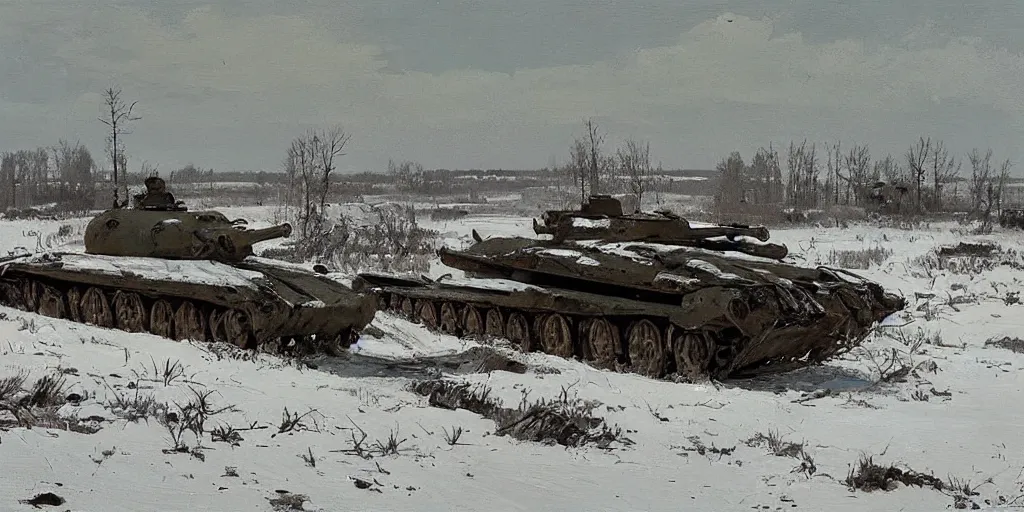 Prompt: “a single destroyed tank languishes in a field, WW2, Eastern front, winter, morning, daybreak, snow, painting by Isaac Levitan”