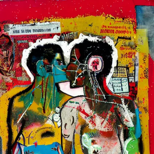 Prompt: two women kissing at a carnival in brazil, mixed media collage, retro, paper collage, magazine collage, acrylic paint splatters, bauhaus, claymation, layered paper art, sapphic visual poetry expressing the utmost of desires by jackson pollock and basquiat