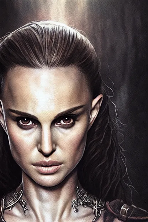 Image similar to portrait, natalie portman, battle warrior, lord of the rings, tattoos, decorative ornaments, greg rutkowski, perfect face, fine details, realistic shading, photorealism