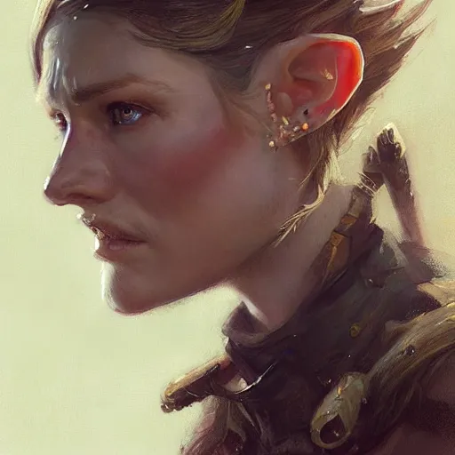 Image similar to A head-on detailed oil portrait of a distinguished elf woman with small copper horns, long blonde hairs and bright irises, by greg rutkowski, trending on artstation, dungeon and dragons art