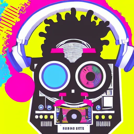 Image similar to svg sticker of a Dancing-Ben-Harper-Snoop-Spike-Lee-with-a-large-Afro-Puff, at a rave, spinning records, giant headphones rocking out, wearing headphones, huge speakers, dancing, rave, DJ, spinning records, digital art, amazing composition, rule-of-thirds, award-winning, trending on artstation, featured on deviantart