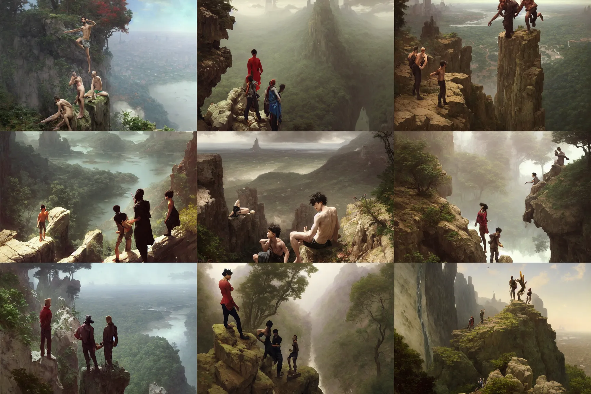 Prompt: depiction Three inner city boys on the precipice Of a cliff overlooking A vast Forest with New York City on the horizon illustration by Ruan Jia and Mandy Jurgens and William-Adolphe Bouguereau, Artgerm, 4k, digital art, surreal, space dandy style, highly detailed, godsend, artstation, digital painting, concept art, smooth, sharp focus, illustration by Ruan Jia and Mandy Jurgens and William-Adolphe Bouguereau