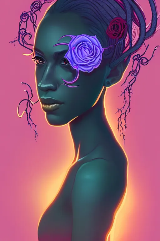 Image similar to 👁👩🏾🌹👾, phantom, dreary, dramatic, fluid, golden ratio, artstation, moebius + loish, hd, long vines,