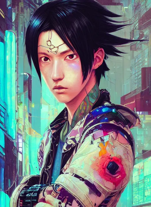 Image similar to beautiful portrait of Lofi cyberpunk Sasuke, by Tristan Eaton, Stanley Artgermm, Tom Bagshaw, Greg Rutkowski, Carne Griffiths. trending on DeviantArt, face enhance, hyper detailed, trending on Artstation, 8k, masterpiece, graffiti paint, fine detail, full of color, intricate detail, golden ratio illustration