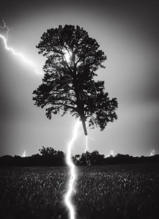 Image similar to a 2 8 mm macro photo of lightning striking the top of a tree in a field, long exposure, misty, night, splash art, movie still, bokeh, canon 5 0 mm, cinematic lighting, dramatic, film, photography, golden hour, depth of field, award - winning, anamorphic lens flare, 8 k, hyper detailed, 3 5 mm film grain