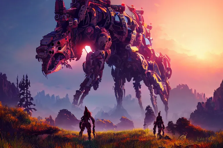 Prompt: watcher machine creature robot of horizon forbidden west horizon zero dawn radiating a glowing aura global illumination ray tracing hdr fanart arstation by ian pesty and alena aenami artworks in 4 k