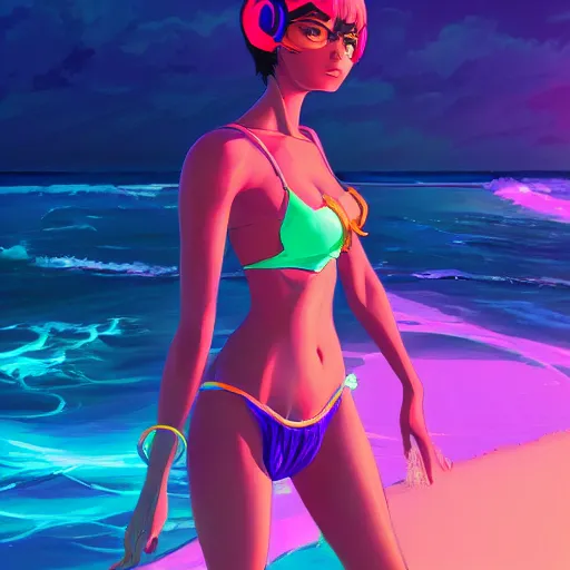 Image similar to neon bikini woman in the ocean | hyperrealistic digital painting by makoto shinkai, ilya kuvshinov, lois van baarle, rossdraws | afrofuturism in the style of hearthstone and overwatch, trending on artstation