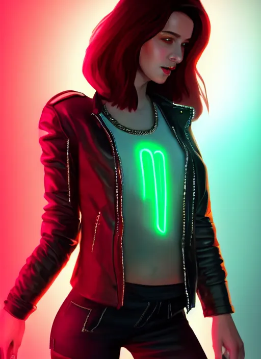 Image similar to pretty young woman with shoulder length shiny shimmering dark red hair and wearing a stuffed leather jacket with the glow of neon lights illuminating her, path traced, highly detailed, high quality, digital painting, by cd projekt red, cyberpunk,