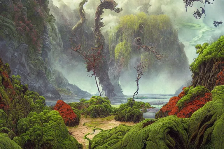 Image similar to digital painting of a lush natural scene on an alien planet by gerald brom. digital render. detailed. beautiful landscape. colourful weird vegetation. cliffs and water. misty and wet.