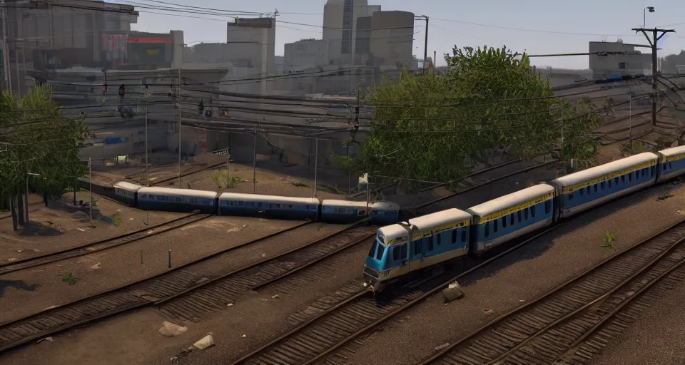 Image similar to CJ missing the train in Grand Theft Auto San Andreas and falling off his dirtbike onto the train tracks, 3D video game, octane render, depth of field, unreal engine 5, full of color, trending on artstation, ultra high detail, ultra realistic, cinematic, focused, 8k