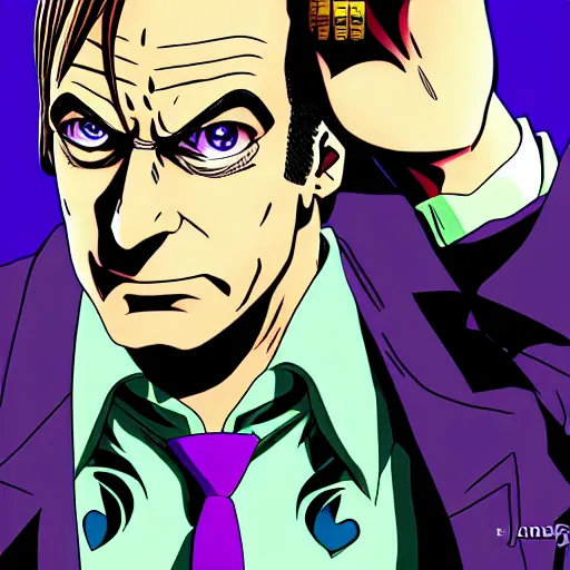 Image similar to saul goodman in jojo's bizarre adventure anime, in the style of jojo's bizarre adventure by hirohoki araki, anime style, hyper realistic, illustration, 4 k hd