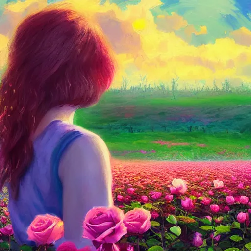 Image similar to large rose in front of face, girl frontal in a flower field, surreal photography, sunrise dramatic light, impressionist painting, colorful clouds, digital painting, artstation, simon stalenhag