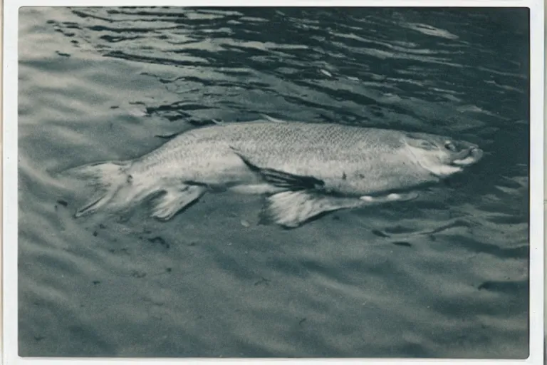 Prompt: old polaroid of a giant fish in the lake