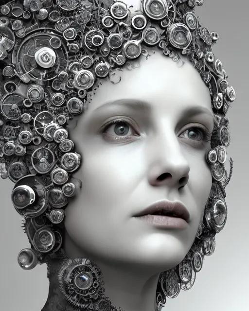 Prompt: mythical dreamy black and white organic bio-mechanical spinal ribbed profile face portrait detail of translucent steampunk bio-mechanical beautiful female angelic-human-queen-vegetal-cyborg, highly detailed, intricate crystal jelly ornate, poetic, 3D render, digital art, octane render, 8K artistic photography, photo-realistic, by Dora Maar