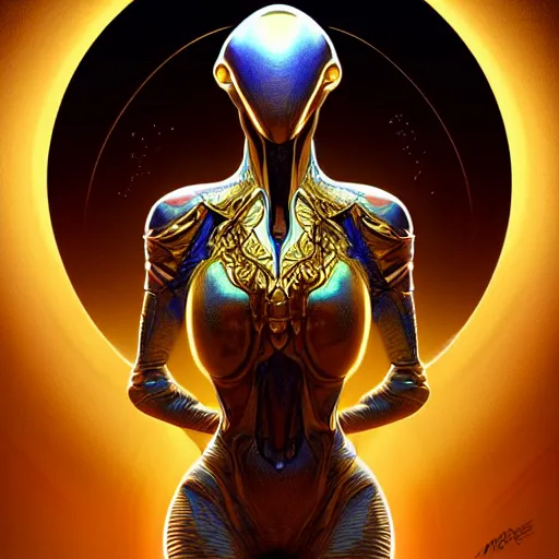 Image similar to hyper advanced alien evolved from dolphin, sci fi, glowing eyes, volumetric lights, gold theme, art nouveau botanicals, intricate, highly detailed, digital painting, artstation, concept art, smooth, sharp focus, cinematic, illustration, beautiful face, art by artgerm and greg rutkowski and alphonse mucha