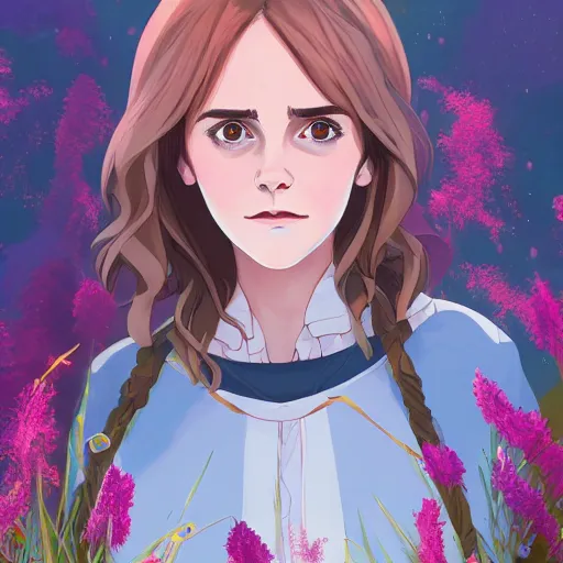 Image similar to portrait of Emma Watson as Hermione, dressed as Cleopatra, field of flowers background, rich vivid colors, ambient lighting, dynamic lighting, 4k, HQ, anime key visual, makoto shinkai, ilya kuvshinov, lois van baarle, rossdraws, detailed, trending on artstation