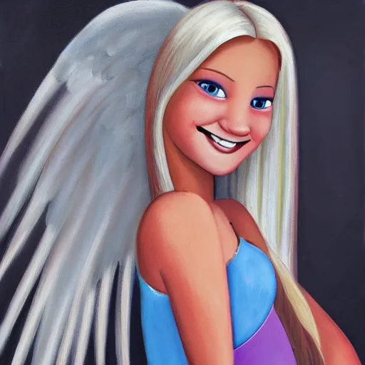 Prompt: a painting of an angel, a young woman with long blond hair and a halo smiling in heaven, wearing a black top and gray multi - color dress, pixar, animated