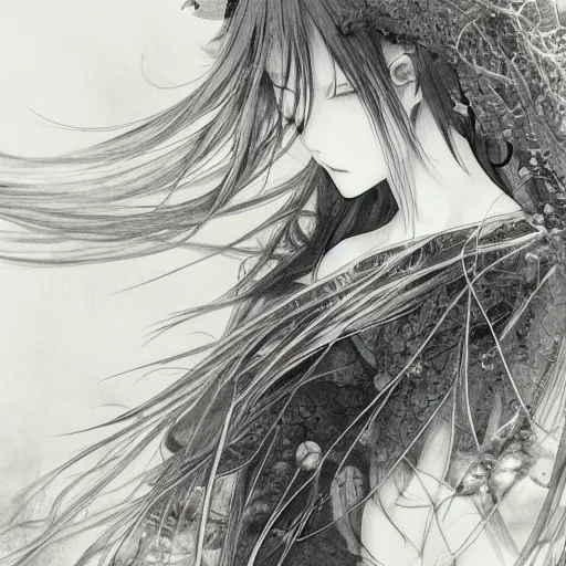 Image similar to a portrait of a character in a scenic environment by Yoshitaka Amano, black and white, dreamy, dark eyes, wavy silver hair, highly detailed