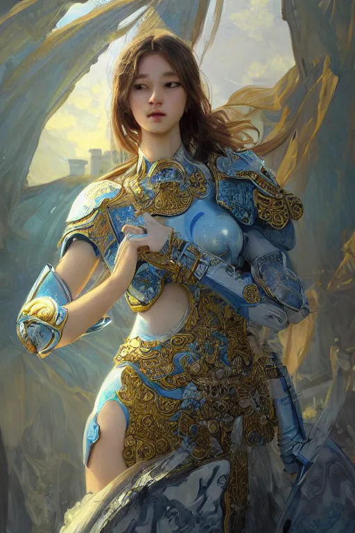 Image similar to portrait knights of Zodiac girl, Chinese Blue and white porcelain color reflected armor, in ruined Agora of Athens, ssci-fi, fantasy, intricate, very very beautiful, elegant, golden light, highly detailed, digital painting, artstation, concept art, smooth, sharp focus, illustration, art by tian zi and WLOP and alphonse mucha