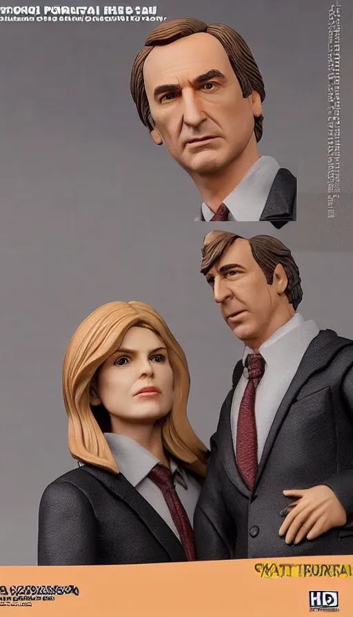 Prompt: hot toys figurine of kim wexler and saul goodman, realistic, up close image, 1 / 1 6 th scale, unopened, listing image, hd