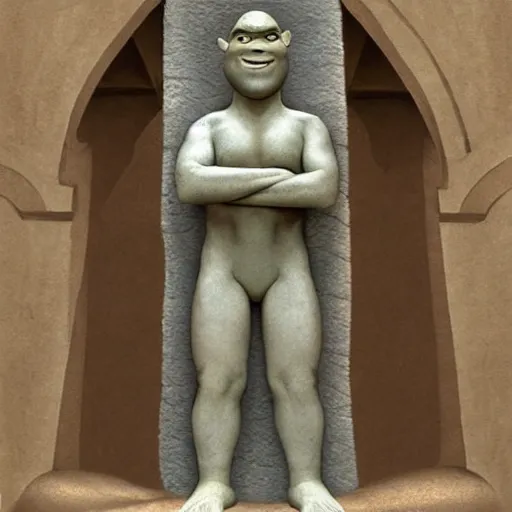 Image similar to shrek ancient mesopotamian statue, concept art by ralph mcquarrie