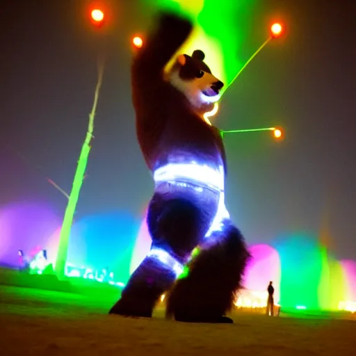 Image similar to a panda wearing led - lined clothing dancing at night on a busy playa at burning man