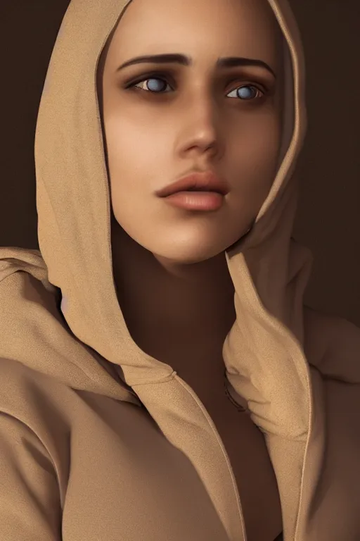 Image similar to shy, short brown hair arab spanish young woman, beige hoodie, cinematic lighting, hyper-detailed, cgsociety, trending on artstation, high resolution, 8k, high resolution in the style of Elena Masci, by John Samuel Agar