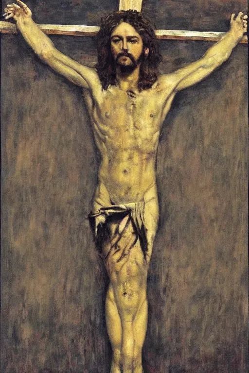 Image similar to jesus christ crucified painted by cy twombly and andy warhol