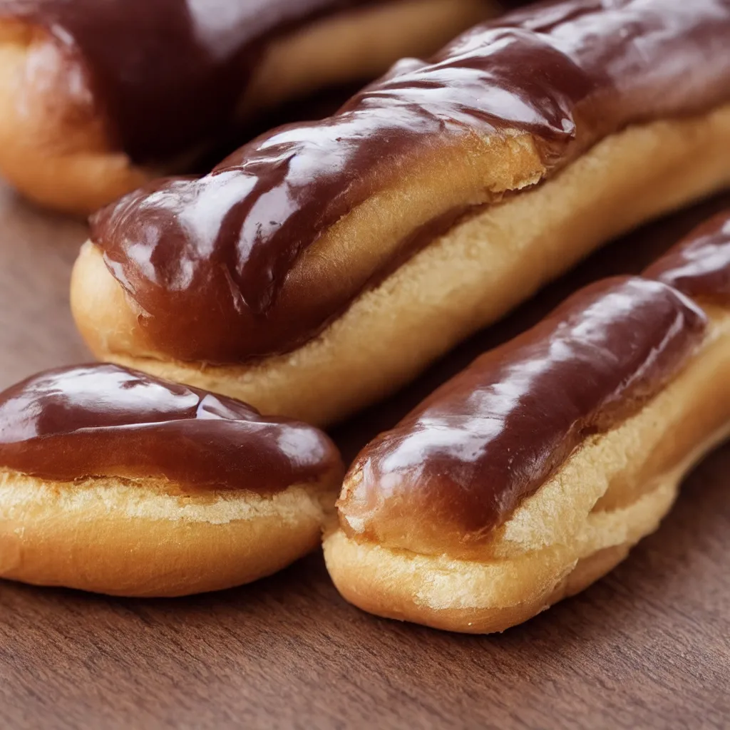 Prompt: close up view of eclair on top of a wooden table, 8k, photorealistic, proper shading