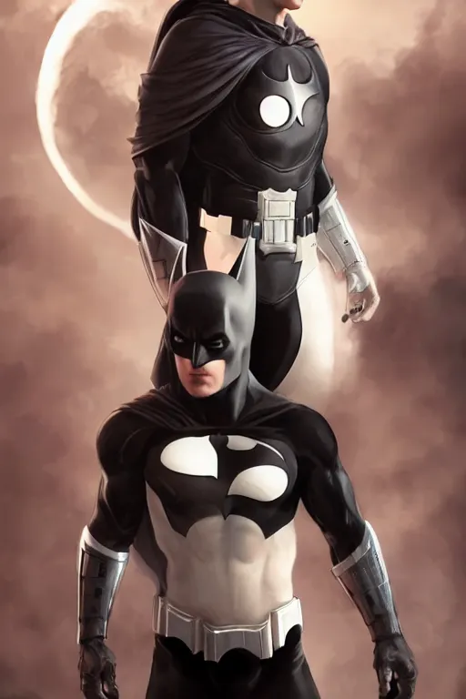 Image similar to characters portrait of MoonKnight mixed with Batman by ArtGerm and Tom Bagshaw, merged character, Full body shot, cinematic opening shot, 4k, highly detailed, cinematic lighting