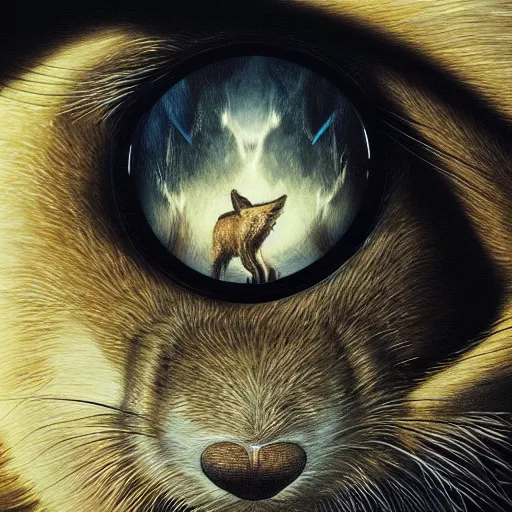 Prompt: macro photograph of a rabbit eye with a reflection of a wolf in it, intricate, elegant, highly detailed, centered, digital painting, artstation, concept art, smooth, sharp focus, illustration, artgerm, donato giancola, Joseph Christian Leyendecker, WLOP, Boris Vallejo, Artgerm